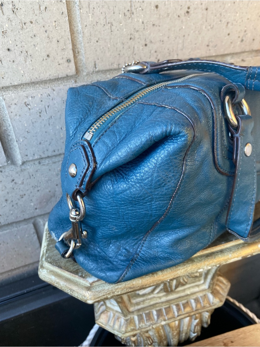 Coach Teal Leather Bowling Satchel with Top Handles - Picture 5 of 7
